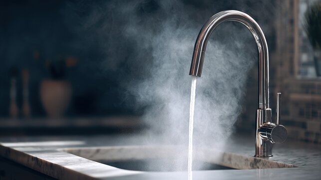 Stunning photo of steaming hot water pouring from a modern kitchen faucet into a sink.