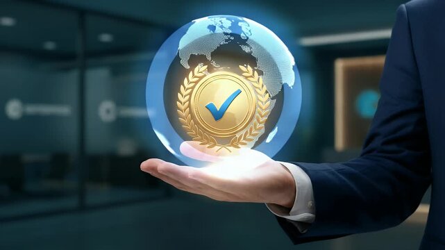 Showcase a professional hand presenting a glowing gold seal of approval in a modern office environment, with slow zoom-in and gentle ambient motion for a cinematic corporate feel.
