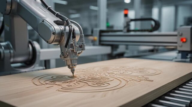 Robotic arm carving intricate wooden patterns with precision craftsmanship technology automation