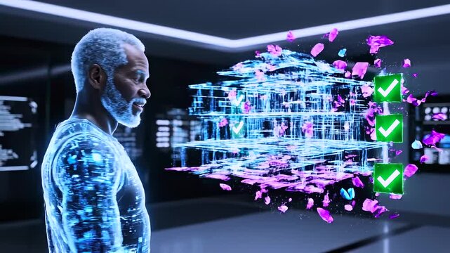 Holographic architect assembling virtual building model with floating cubes and green checkmarks, neon studio displays UI panels and construction modules, confident designer mood.