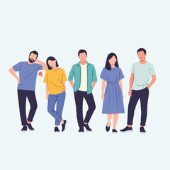 Fototapeta premium Illustration of a diverse group of five people, standing and posing