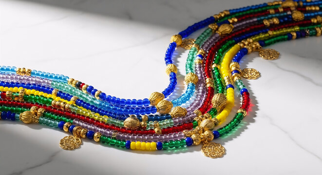 African waist beads arranged in a colorful, vibrant display with gold charm accents on a white marble surface, capturing a traditional aesthetic with a clean, modern, and elegant style.