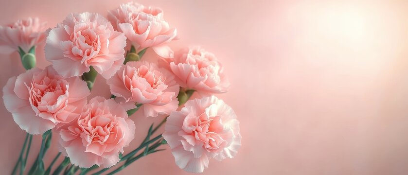 cluster of pale pink carnations with green stems on a soft glowing pastel background evoking gentle romantic serenity and delicate elegance
