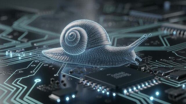Digital snail gliding smoothly over glowing circuit board with shimmering futuristic trail animation