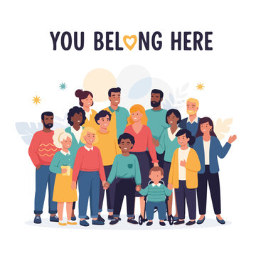 Illustration of a diverse group of people with the text "You Belong Here