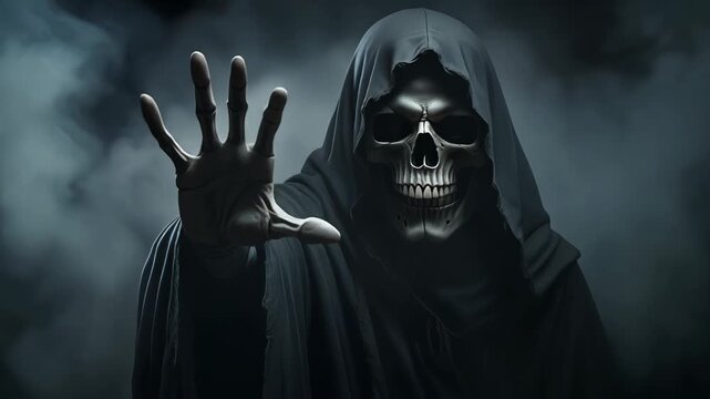 Eerie cloaked figure summoning lost souls in dark shadows mysterious supernatural scene
