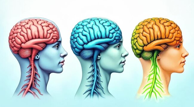 A video showcasing three colorful human heads with brains highlighted in different colors