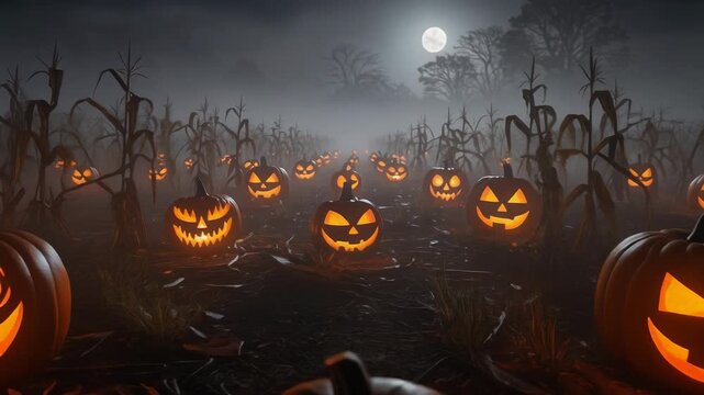 Magical foggy pumpkin patch with glowing jack o lanterns under the moonlight autumn night