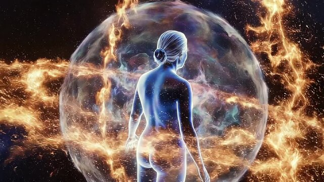 Woman standing inside fiery plasma shield, orange flames swirling around transparent protective sphere guardian stance with calm determination, cosmic defense ritual and intense