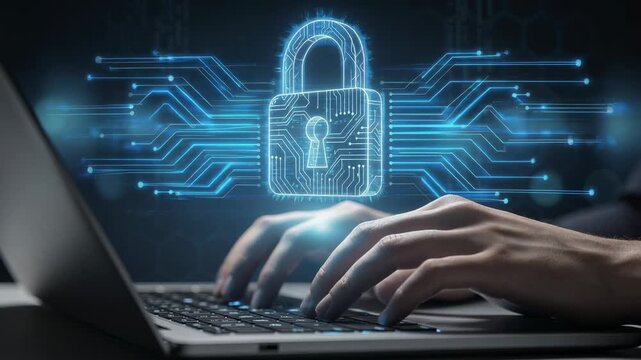 Futuristic technology concept with glowing digital lock symbol above sleek laptop keyboard