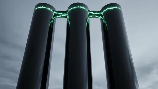 Three dark colossal cylinders glowing with green energy