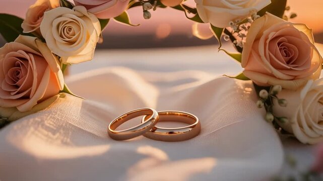 Romantic sunset with delicate roses framing elegant wedding rings symbolizing love and commitment