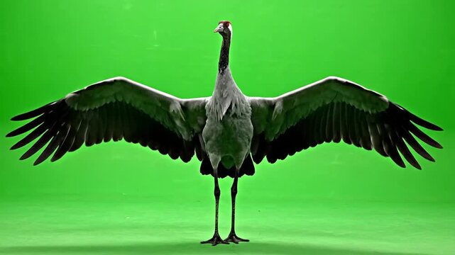 A majestic grey crane bird stands with its wings fully spread against a vibrant green screen background, showcasing its impressive span and elegant posture.