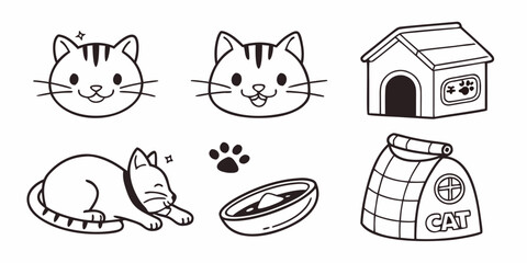 a set of illustrations of a cat and its related items Vector © Tonni