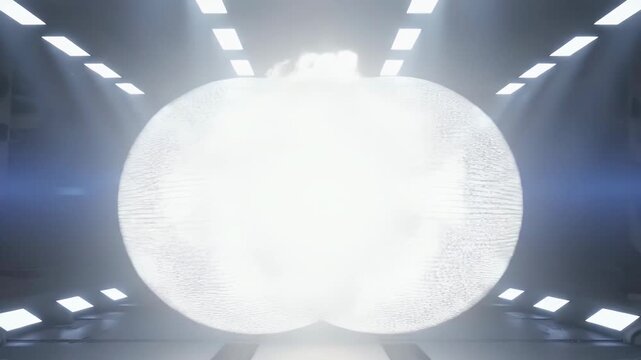 Two massive silver hemispherical domes glowing in futuristic hall