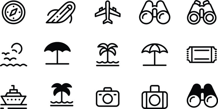 Travel and vacation line icons set with airplane camera palm tree and compass symbols