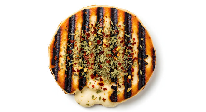 Grilled provoleta cheese with herbs and chili flakes isolated on white background