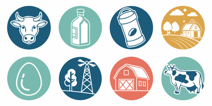 icons representing various aspects of agriculture and dairy farming Vector