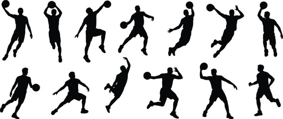 Large collection of basketball player silhouettes in various action poses like dunking, dribbling, and jumping, isolated on white background vector. © Abu