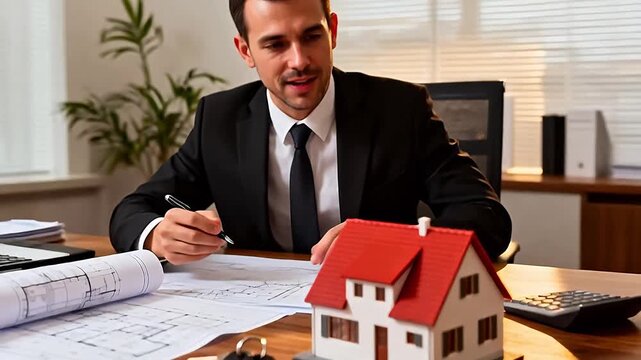 Person with house model and keys on desk