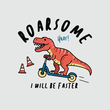 Roar some Cartoon Dinosaur Riding a Kick Scooter