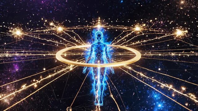 Glowing cosmic woman with golden ring stands on network grid, black oracle with braided hair connects constellation nodes as radiant gold pathways spread across starfield.