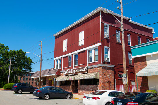 Historic Ye Olde English Fish & Chips Restaurant on Market Square in Main Street Historic District in downtown Woonsocket, Rhode Island RI, USA.