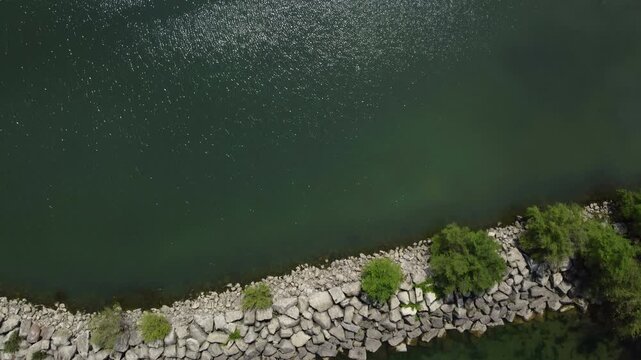 La Grande Hermine, the Jordan Harbour Shipwreck ship vessel visible along the QEW, Queen's Expressway in southwestern Ontario, Canada, on the southern shore of Lake Ontario. Aerial shot from above.