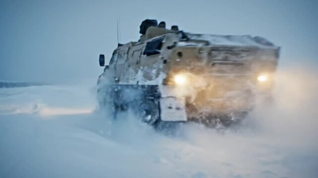 Rugged armored vehicle traversing a snowy expanse, leaving a trail of powder and ice in challenging winter conditions