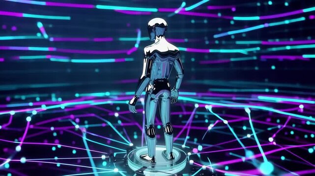 Vibrant chrome icon amid flashing digital pathways. Animated chrome figure positioned on luminous neon foundation surrounded by pulsating circuits and interconnected online pathways