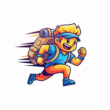 Cartoon backpacker running with large backpack and headband