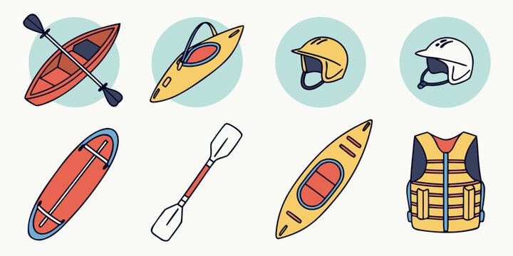 a collection of kayaking equipment and safety gear Vector