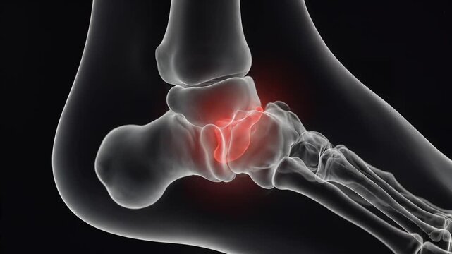 Vibrant X-Ray animation of a human ankle with glowing red pain points, rotating dynamically on a dark background, symbolizing injury, diagnosis