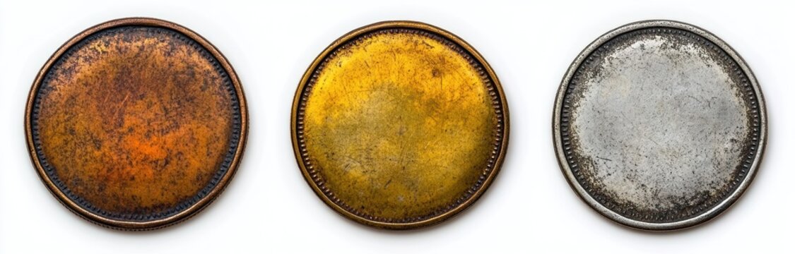 three worn blank metal coins with copper, brass and silver patinas on white background, aged and nostalgic texture