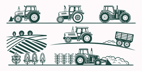 a collection of tractors and farming equipment Vector © Rajiya