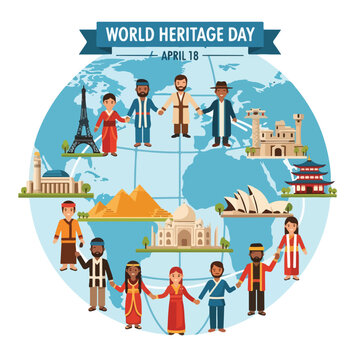 Illustration with people holding hands around the world and landmarks