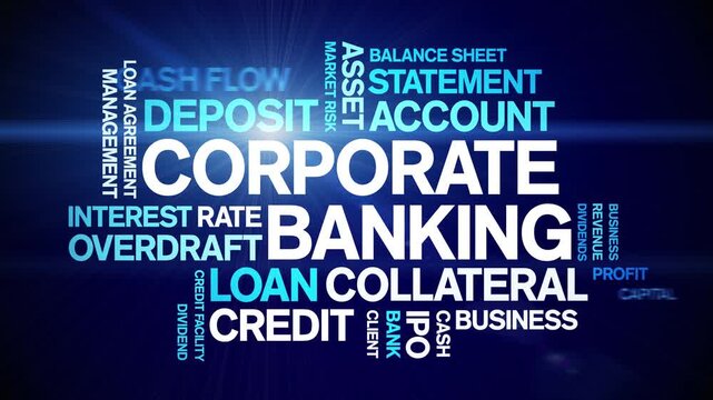 Corporate Banking animated word cloud-text design animation tag kinetic typography seamless loop.