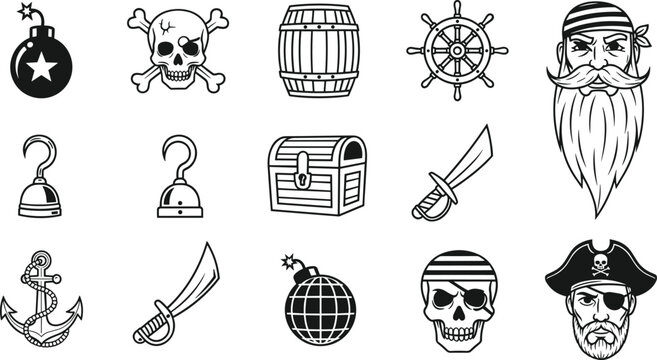 Pirate themed doodle icon set with skull anchor treasure chest sword bomb barrel and ship wheel isolated on white backgroundPirate themed doodle icon set with skull anchor treasure chest sword bomb ba