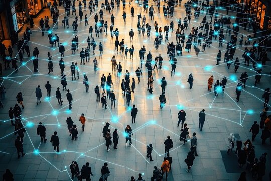 aerial view of a busy indoor concourse filled with people connected by glowing blue network lines conveying a futuristic sense of motion and connectivity
