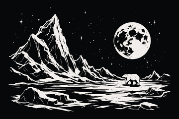 Polar bear walking in arctic mountain landscape under full moon in woodcut style, vintage engraving vector illustration of northern wilderness at night. © Chairul
