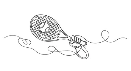 Obraz premium Hand holding tennis racket and ball, continuous line drawing, minimalist sport art