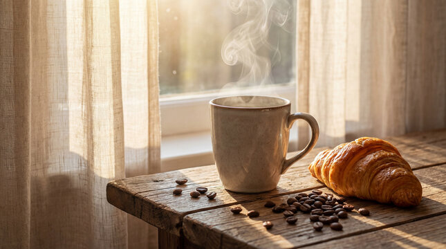 Cozy Morning Coffee and Croissant by Window
