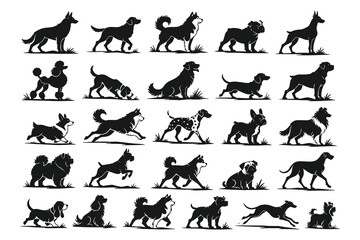 Comprehensive pet dog breed silhouette set with various action poses and profiles, flat vector illustration for animal care and pet community branding. © Chairul