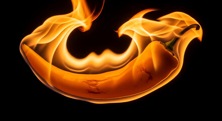 A Spicy Red Chili Pepper Engulfed in Vibrant Orange Flames Against a Solid Black Background