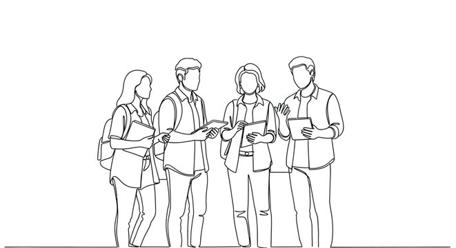 Diverse Group of Students Discussing, Continuous Line Drawing Education