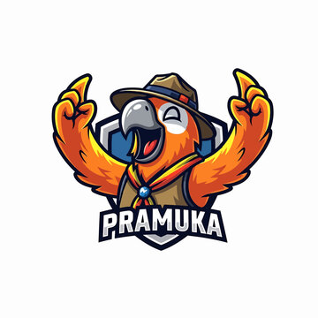 Parrot Mascot Pramuka Scout Logo with Hat and Shield