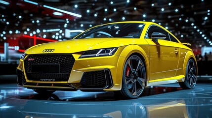 Naklejka premium Yellow high-performance two-door sports coupe on glossy reflective showroom floor under dramatic bokeh ceiling lights, aggressive front grille, sleek alloy wheels and an exhilarating presence