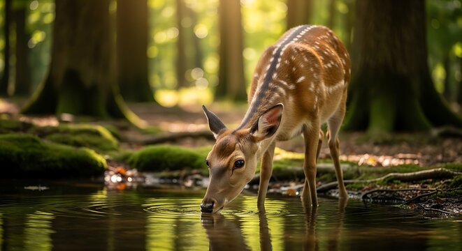 Deer drinking from a shallow stream in a sun-dappled forest