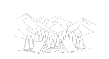 Obraz premium Minimalist line art illustration of a mountain landscape with two tents for camping.