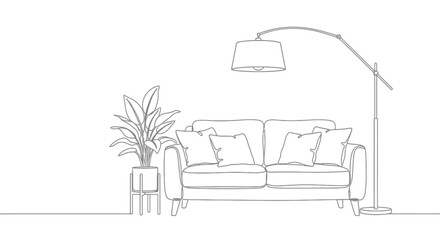 Fototapeta premium Sofa with abundant plants and modern arc lamp, interior line art illustration